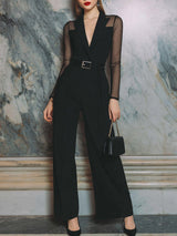 Tuta Nera a Gamba Larga Sartoriale con Cintura e Maniche in Rete