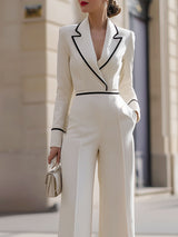 Tuta Jumpsuit Sartoriale Avorio a Gamba Larga con Profili Neri